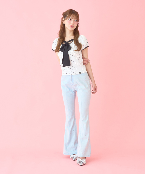 Mi-je(ミジェ)の「フロントリボンドット半袖Tシャツ(Tシャツ/カットソー・レディース・オフホワイト/ピンク・F)」の6枚目の写真