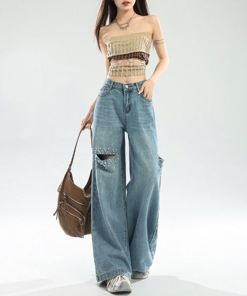 LUCPY(ラクピー)の「ダメージルーズワイドデニムパンツ(デニムパンツ・レディース・ブルー・LARGE/MEDIUM/SMALL/X-SMALL)」の1枚目の写真