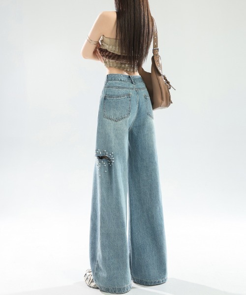 LUCPY(ラクピー)の「ダメージルーズワイドデニムパンツ(デニムパンツ・レディース・ブルー・LARGE/MEDIUM/SMALL/X-SMALL)」の2枚目の写真