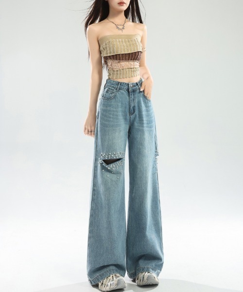 LUCPY(ラクピー)の「ダメージルーズワイドデニムパンツ(デニムパンツ・レディース・ブルー・LARGE/MEDIUM/SMALL/X-SMALL)」の3枚目の写真