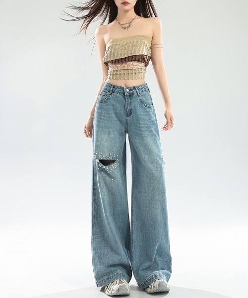 LUCPY(ラクピー)の「ダメージルーズワイドデニムパンツ(デニムパンツ・レディース・ブルー・LARGE/MEDIUM/SMALL/X-SMALL)」の4枚目の写真