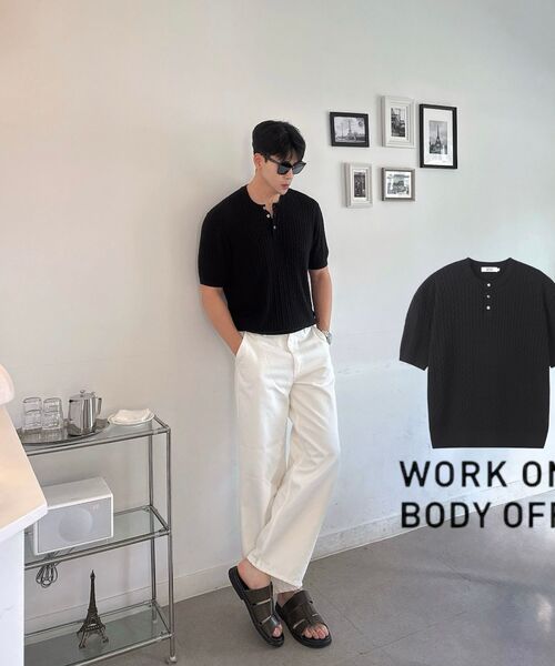 WORK ON BODY OFF（ワークオンボディオフ）の「クールバンブーセミオーバーフィットケーブルヘンリーネック半袖ニット[ブラック]（ニット/セーター・メンズ・ブラック・MEDIUM/LARGE/X-LARGE）」の9枚目の写真