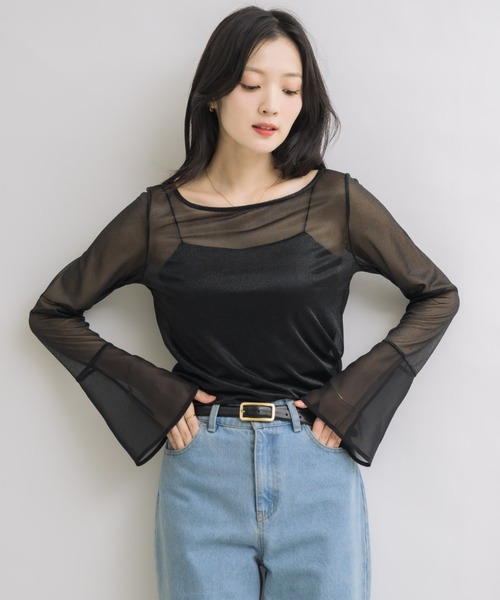 NEUNA（ヌナ）の「フレアスリーブボートネックシアートップス（Tシャツ/カットソー・レディース・グレー/ブラック/アイボリー・FREE）」の14枚目の写真