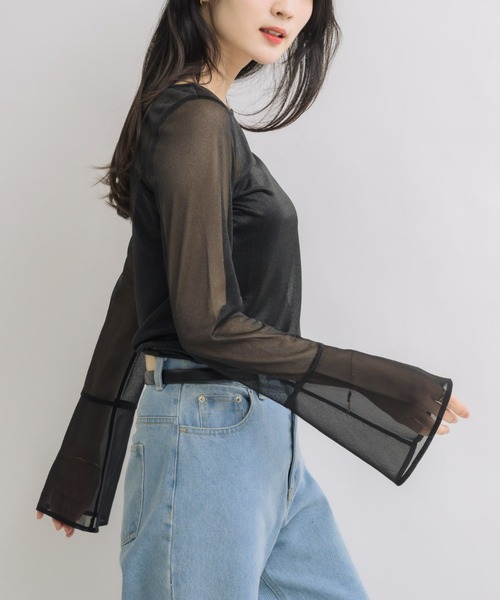 NEUNA（ヌナ）の「フレアスリーブボートネックシアートップス（Tシャツ/カットソー・レディース・グレー/ブラック/アイボリー・FREE）」の8枚目の写真
