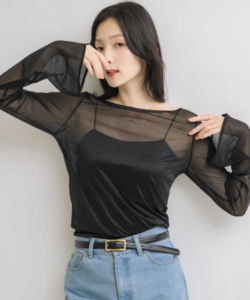NEUNA（ヌナ）の「フレアスリーブボートネックシアートップス（Tシャツ/カットソー・レディース・グレー/ブラック/アイボリー・FREE）」の7枚目の写真