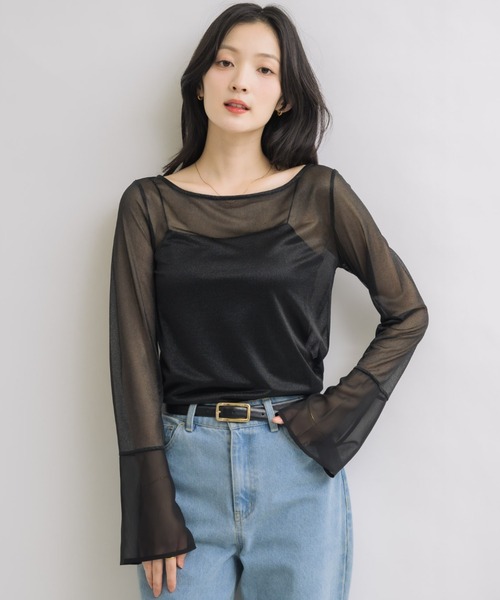 NEUNA（ヌナ）の「フレアスリーブボートネックシアートップス（Tシャツ/カットソー・レディース・グレー/ブラック/アイボリー・FREE）」の5枚目の写真