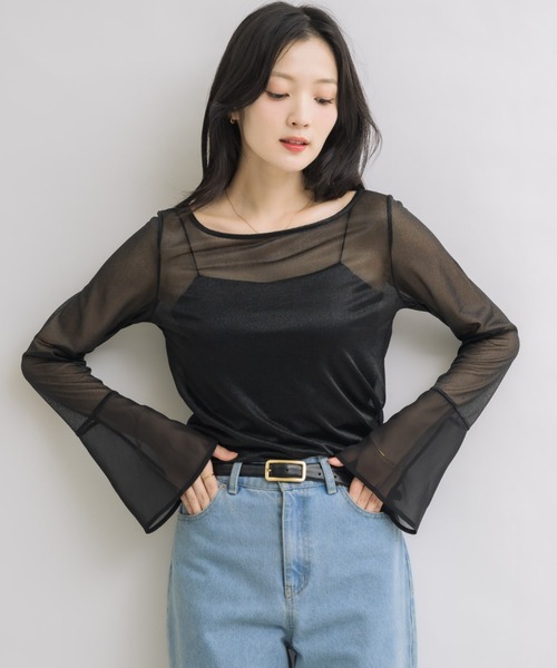 NEUNA（ヌナ）の「フレアスリーブボートネックシアートップス（Tシャツ/カットソー・レディース・グレー/ブラック/アイボリー・FREE）」の6枚目の写真