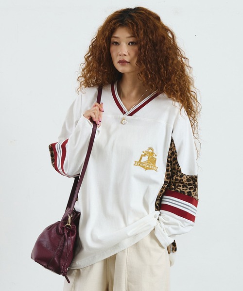 ROSE BUD(ローズバッド)の「OKIRAKU×ROSEBUD/LEOPARD PANEL FOOTBALL TOP(Tシャツ/カットソー・レディース・ブラック/オフホワイト・ONE SIZE)」の13枚目の写真