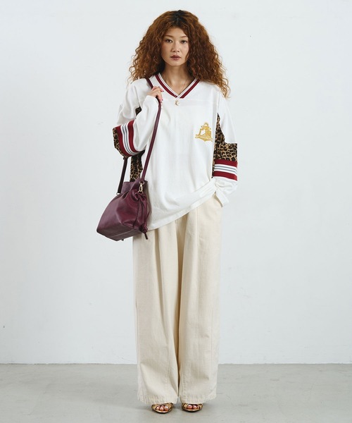 ROSE BUD(ローズバッド)の「OKIRAKU×ROSEBUD/LEOPARD PANEL FOOTBALL TOP(Tシャツ/カットソー・レディース・ブラック/オフホワイト・ONE SIZE)」の16枚目の写真