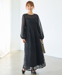 チュール刺繍切替ワンピース|ロング丈/オケージョン/結婚式/二次会/お呼ばれ