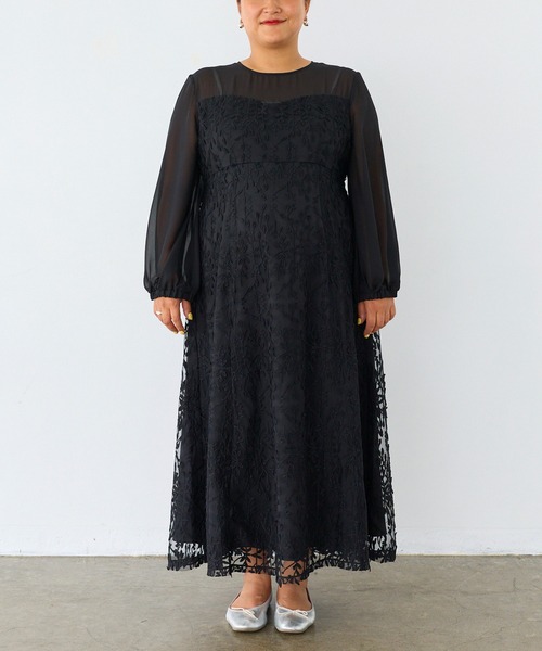 LAVEANGE（ラビアンジェ）の「チュール刺繍切替ワンピース｜ロング丈/オケージョン/結婚式/二次会/お呼ばれ（ワンピース・レディース・オレンジ/ブラック・M/LL/3L/4L/5L）」の3枚目の写真