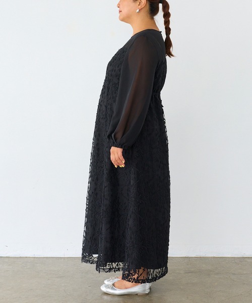 LAVEANGE（ラビアンジェ）の「チュール刺繍切替ワンピース｜ロング丈/オケージョン/結婚式/二次会/お呼ばれ（ワンピース・レディース・オレンジ/ブラック・M/LL/3L/4L/5L）」の4枚目の写真