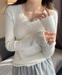 yuue' ( wear ) | レース付きVネックメロウリブニットトップス(ニット/セーター)