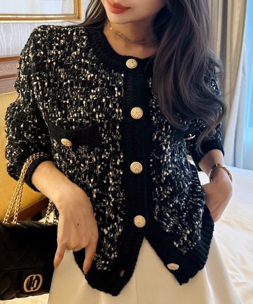 Ada.(エイダ)の「ポケット付き ツイード調 ビジューボタン カーディガン(カーディガン/ボレロ・レディース・ピンク/グリーン/ホワイト/ブラック・FREE)」の7枚目の写真