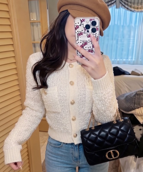 Ada.(エイダ)の「ポケット付き ツイード調 ビジューボタン カーディガン(カーディガン/ボレロ・レディース・ピンク/グリーン/ホワイト/ブラック・FREE)」の10枚目の写真