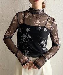 プチハイネック 長袖 花柄シアートップスス