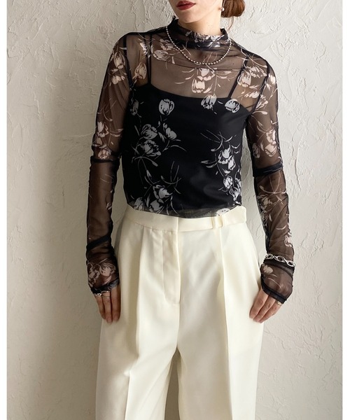 She's Closet（シーズクローゼット）の「プチハイネック 長袖 花柄シアートップスス（Tシャツ/カットソー・レディース・ネイビー/ブラック/アイボリー・FREE）」の22枚目の写真