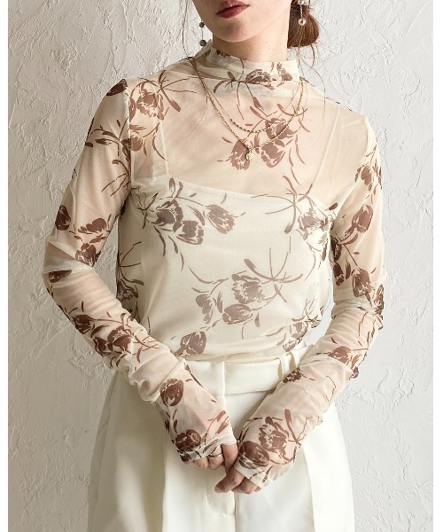 She's Closet（シーズクローゼット）の「プチハイネック 長袖 花柄シアートップスス（Tシャツ/カットソー・レディース・ネイビー/ブラック/アイボリー・FREE）」の20枚目の写真