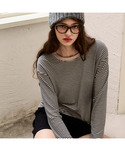 LUSIDA(ルシダ)の「LOOKA ストライプ ロングスリーブ Tシャツ_3色(Tシャツ/カットソー・レディース・ブラック/ベージュ/ブラウン・FREE)」の1枚目の写真