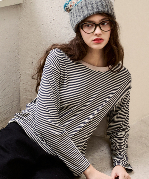 LUSIDA(ルシダ)の「LOOKA ストライプ ロングスリーブ Tシャツ_3色(Tシャツ/カットソー・レディース・ブラック/ベージュ/ブラウン・FREE)」の5枚目の写真