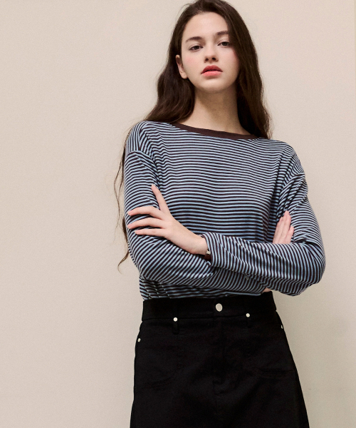 LUSIDA(ルシダ)の「LOOKA ストライプ ロングスリーブ Tシャツ_3色(Tシャツ/カットソー・レディース・ブラック/ベージュ/ブラウン・FREE)」の6枚目の写真