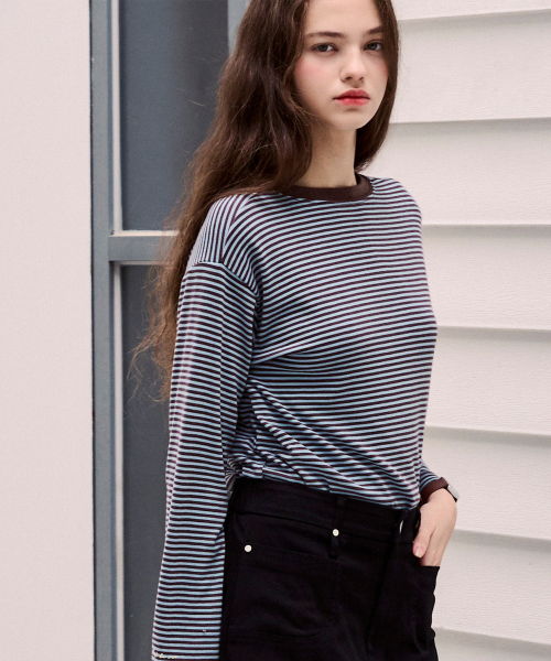 LUSIDA(ルシダ)の「LOOKA ストライプ ロングスリーブ Tシャツ_3色(Tシャツ/カットソー・レディース・ブラック/ベージュ/ブラウン・FREE)」の7枚目の写真