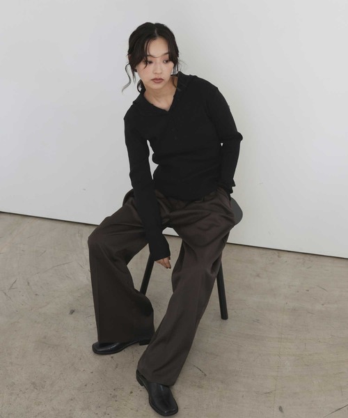 hellam(へラム)の「ヘンリーネックフードニットプルオーバー(Tシャツ/カットソー・レディース・ブラック/アイボリー/杢グレー・FREE)」の9枚目の写真