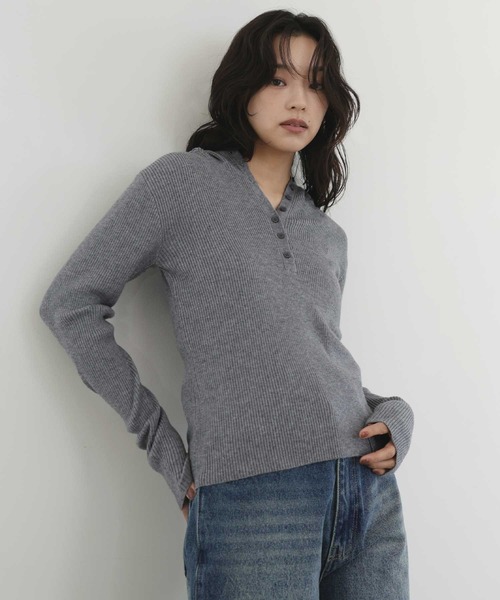 hellam(へラム)の「ヘンリーネックフードニットプルオーバー(Tシャツ/カットソー・レディース・ブラック/アイボリー/杢グレー・FREE)」の14枚目の写真