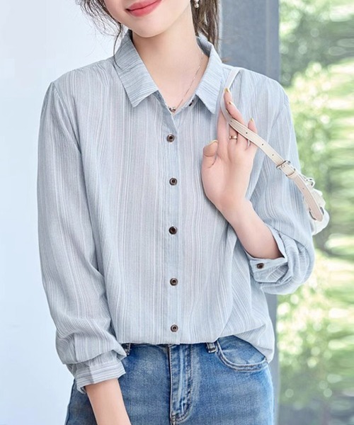 ReRe(リリ)の「ストライプ柄ベーシック長袖シャツ(シャツ/ブラウス・レディース・ライトブルー・MEDIUM/X-LARGE/LARGE)」の5枚目の写真