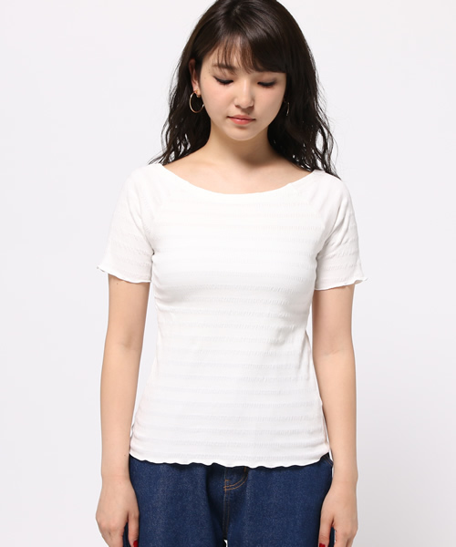 MOUSSY（マウジー）の「Shirring offshoulder tops（Tシャツ/カットソー・レディース・ホワイト/ライトピンク/ブラック・FREE）」の4枚目の写真