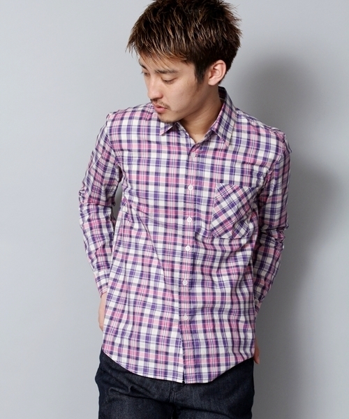 WEGO（ウィゴー）の「マドラスチェックLSシャツ（シャツ/ブラウス・メンズ・ブルー/パープル/レッド/オレンジ/レッド系その他・MEDIUM/LARGE）」の3枚目の写真