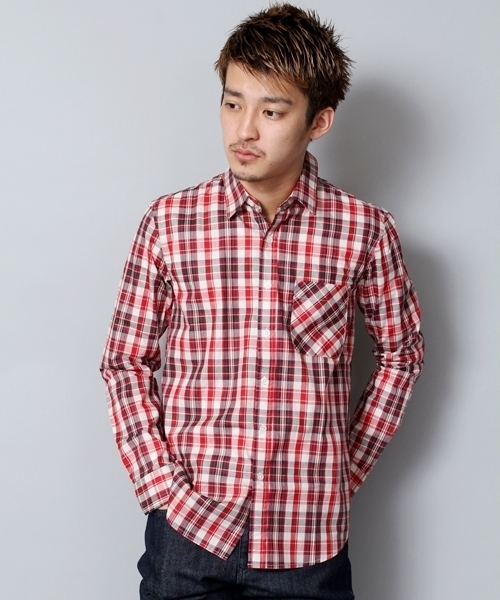 WEGO（ウィゴー）の「マドラスチェックLSシャツ（シャツ/ブラウス・メンズ・ブルー/パープル/レッド/オレンジ/レッド系その他・MEDIUM/LARGE）」の4枚目の写真