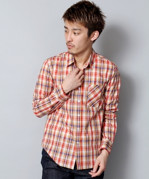WEGO（ウィゴー）の「マドラスチェックLSシャツ（シャツ/ブラウス・メンズ・ブルー/パープル/レッド/オレンジ/レッド系その他・MEDIUM/LARGE）」の5枚目の写真