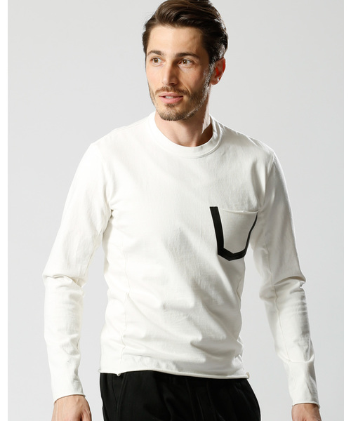 wjk(ダヴルジェイケイ)の「leather seam pocket cut&sewn(Tシャツ/カットソー)」|ホワイト×ブラック