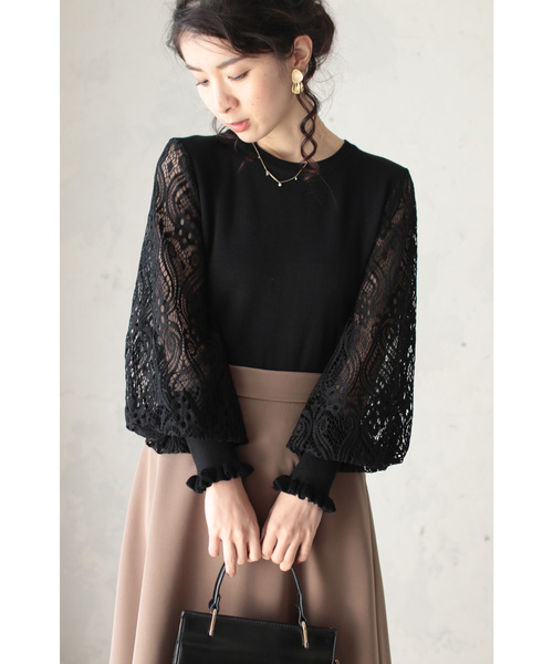 cawaii(カワイイ)の「心奪われるエレガンス。シアーレースのポワン袖ニット(ニット/セーター・レディース・ブラック/グレー/カーキ・M/L)」の9枚目の写真