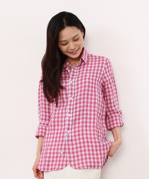 coen（コーエン）の「プレーン＆ギンガム柄リネンシャツ（シャツ/ブラウス・レディース・ホワイト/イエロー/ダークグリーン/コバルトブルー/ピンク/ケリー・LARGE/MEDIUM）」の6枚目の写真