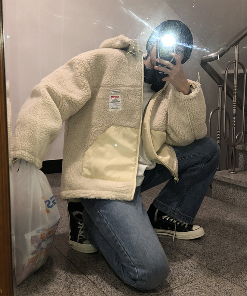 MASONPRINCE（メイソンプリンス）の「【MASONPRINCE】ビッグシルエット ナイロン切り替え ボア パーカー フードJKT MF1807（ムートンコート・メンズ・ブラック/アイボリー/カーキ・S/M/L）」の7枚目の写真