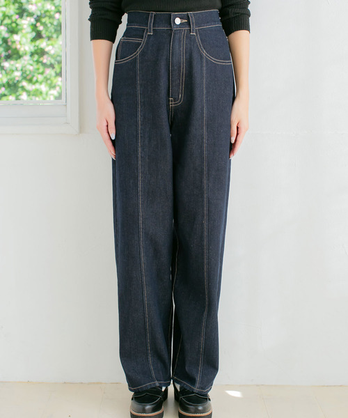 ☆add☆ デニムパンツ SIGNATURE LONG WIDE DENIM 2色 センター切替ストレートデニムパンツ（デニムパンツ