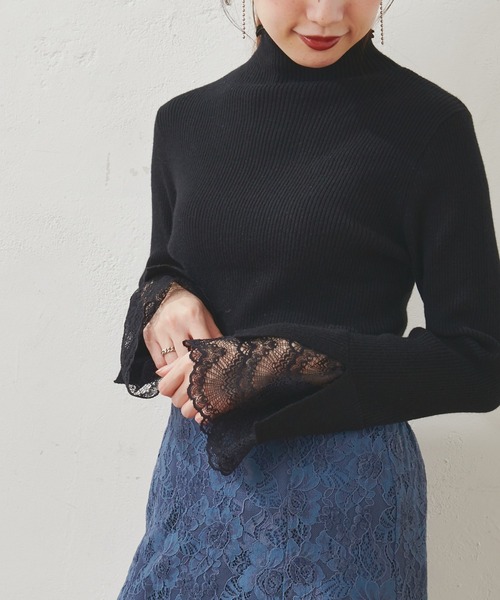 natural couture（ナチュラルクチュール）の「【WEB限定】袖口レースリブタートル（ニット/セーター・レディース・ブラック/アイボリー/モカ/サックスブルー/パープル・FREE）」の3枚目の写真