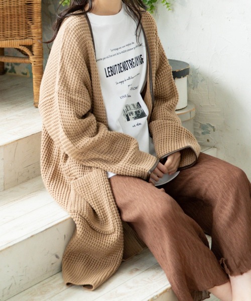 Mysa&Liina（ミーサリーナ）の「配色パイピングニットロングカーデ（カーディガン/ボレロ・レディース・ベージュ/キャメル/ブラック/ラベンダー・M）」の2枚目の写真