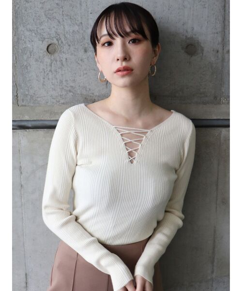 MURUA（ムルーア）の「2WAYレースアップニット（ニット/セーター・レディース・ブラック/ライトグリーン/アイボリー・FREE）」の7枚目の写真