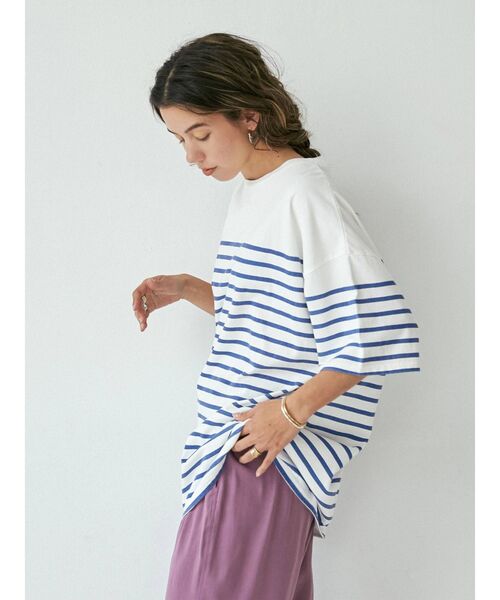 Ungrid（アングリッド）の「ビッグボーダーTee（Tシャツ/カットソー・レディース・ベージュ/ブルー/サーモンピンク・FREE）」の2枚目の写真