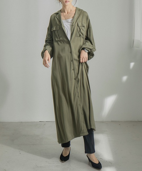 Fashion Letter（ファッションレター）の「とろみレーヨンロングシャツワンピース（シャツワンピース・レディース・カーキ/ベージュ/ネイビー・M）」の3枚目の写真