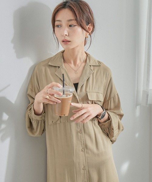 Fashion Letter（ファッションレター）の「とろみレーヨンロングシャツワンピース（シャツワンピース・レディース・カーキ/ベージュ/ネイビー・M）」の4枚目の写真