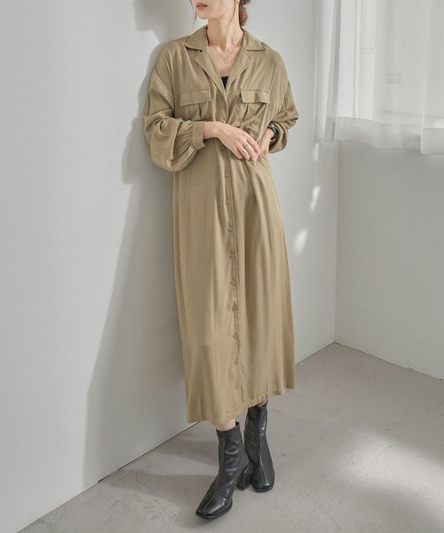 Fashion Letter（ファッションレター）の「とろみレーヨンロングシャツワンピース（シャツワンピース・レディース・カーキ/ベージュ/ネイビー・M）」の5枚目の写真