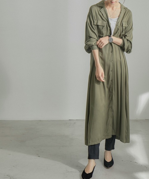 Fashion Letter（ファッションレター）の「とろみレーヨンロングシャツワンピース（シャツワンピース・レディース・カーキ/ベージュ/ネイビー・M）」の6枚目の写真
