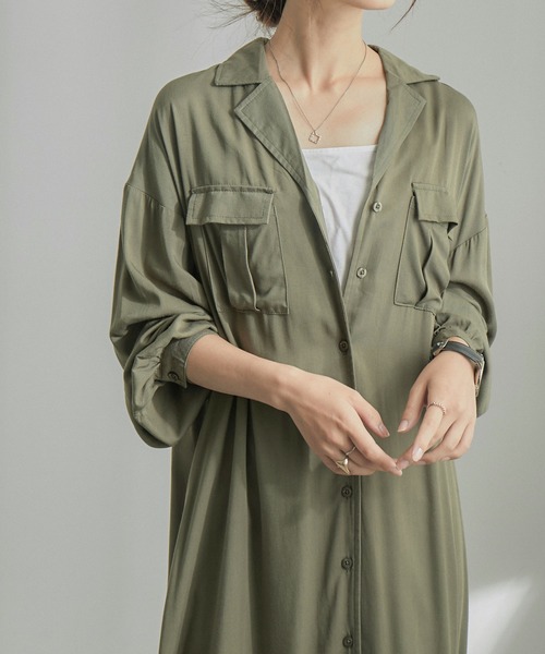 Fashion Letter（ファッションレター）の「とろみレーヨンロングシャツワンピース（シャツワンピース・レディース・カーキ/ベージュ/ネイビー・M）」の12枚目の写真