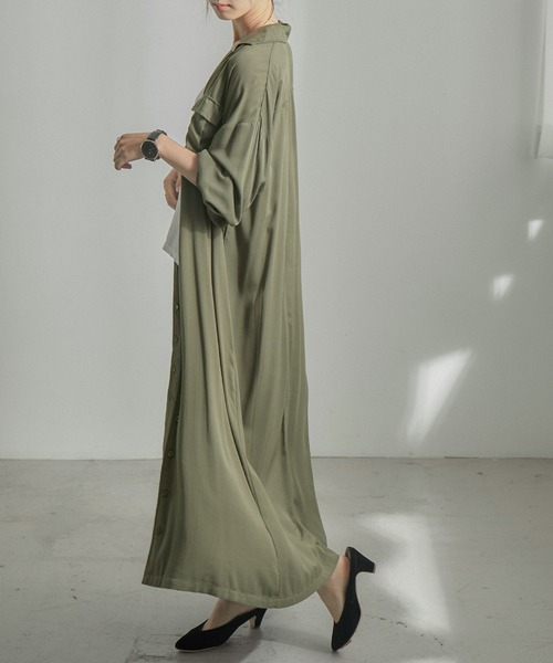 Fashion Letter（ファッションレター）の「とろみレーヨンロングシャツワンピース（シャツワンピース・レディース・カーキ/ベージュ/ネイビー・M）」の14枚目の写真