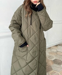 moment+ | 【2021A/W New Arrival】撥水加工キルティングロングコート(裏地付き)(ノーカラーコート)