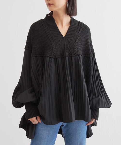 BONbazaar（ボンバザール）の「プリーツ切替チュニックニット（ニット/セーター・レディース・ブラック/ブラウン・FREE）」の3枚目の写真